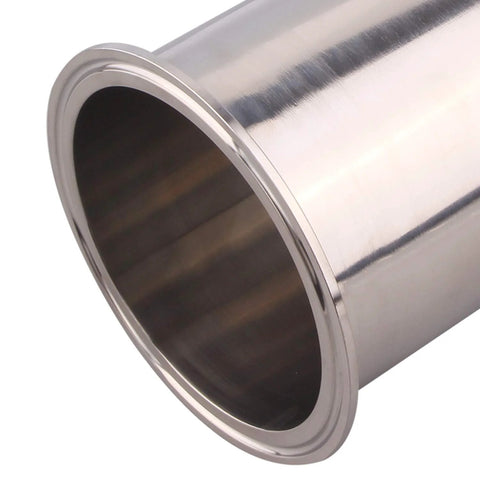 Close-up of DERNORD sanitary spool tube end with 4-in tri-clamp flange, stainless steel 304 seamless tubing, 8 in length