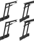 Set of four black metal heavy-duty folding lift hinges with hydraulic struts for lifting furniture lids.