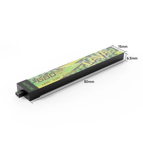 Four Pack 1S 680mAh LiHV Battery 3.8V 95C With BT2 Connector for Tiny Whoop Drones, showing dimensions 80mm x 15mm x 6.5mm.