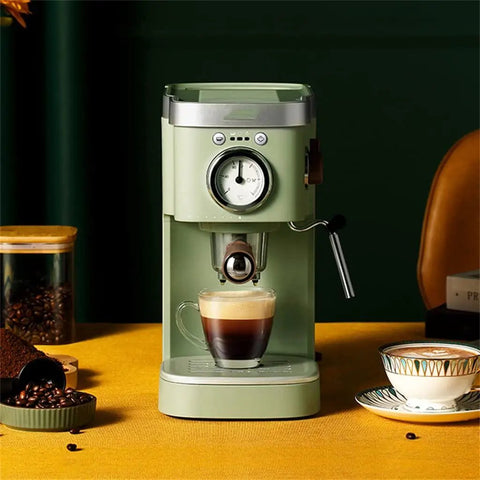 Heavy Duty No Hassle Electric Cappuccino Maker With Smooth Pour Milk Frother And Quick Adjust Brew Settings Removable Drip Tray, green, brewing cappuccino.