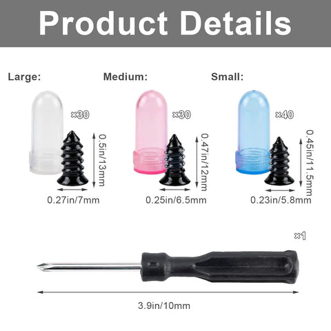 100 Piece Tire Repair Screws Kit With Screwdriver For Cars Trucks And Motorcycles Tire Plug Kit showing various sizes and details