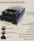 Top Notch Electric Portafilter Cleaner Knock Box Setup features 150W motor, dimensions 47.5x28x18cm, includes scrapers and brush.