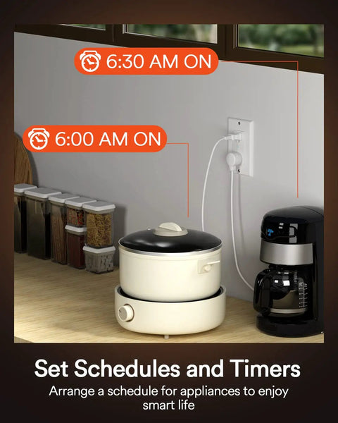 Smart WiFi Outlet Four Pack With Two Independently Controlled Outlets 15 Amp Smart Wall Outlet Works With Alexa And Google Assistant Voice Control And App Remote Timers And Countdown ETL And FCC Certified White controlling kitchen appliances on schedule