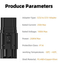 Smooth Plug And Play CCS2 To CCS1 DC Fast Charging Adapter, IP54 rated, shows specs: 250A current, 1000V voltage.