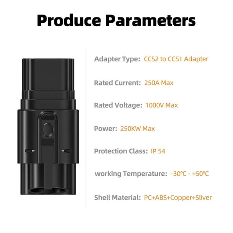 Smooth Plug And Play CCS2 To CCS1 DC Fast Charging Adapter, IP54 rated, shows specs: 250A current, 1000V voltage.