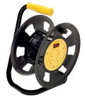 Jobsite Ready Beefy Cord Reel With 4 Grounded Outlets Black And Yellow Holds 50 Ft Of 12 Gauge 70 Ft Of 14 Gauge Or 90 Ft Of 16 Gauge Circuit Breaker Protected Extension Reel For Powering Multiple Tools shown with four outlets and yellow handle.