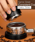 Hand using 53mm Adjustable Coffee Distributor And Espresso Leveler For 54mm Breville Portafilters on portafilter with coffee