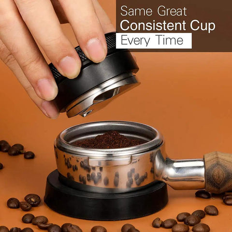 Hand using 53mm Adjustable Coffee Distributor And Espresso Leveler For 54mm Breville Portafilters on portafilter with coffee