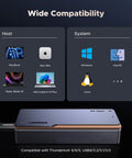 Hot Swap External M.2 NVMe SSD Enclosure With Thunderbolt 5 Support And Active Cooling Fan shown with laptop compatibility options.
