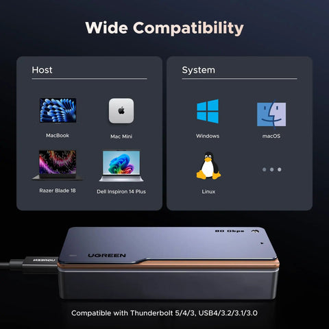 Hot Swap External M.2 NVMe SSD Enclosure With Thunderbolt 5 Support And Active Cooling Fan shown with laptop compatibility options.