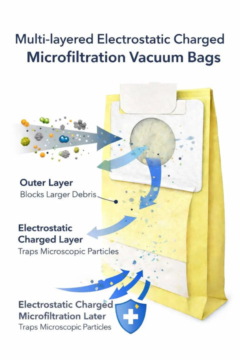 Diagram of vacuum bag showing multi-layered filtration in Premium Replacement Vacuum Bags For Kenmore Type C Q 5055 50557 50558 And Panasonic Type C5 Canister Vacuums, 15 Pack.