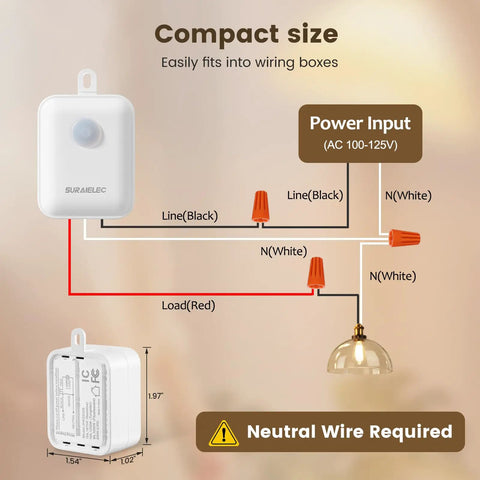 Wireless Light Switch And Receiver Kit No In Wall Wiring Needed RF Remote diagram showing compact size and neutral wire requirement