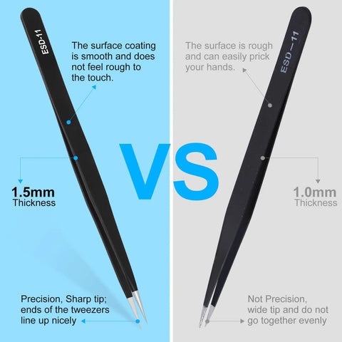 Three-Piece Precision Tweezers Set With Fine Straight Tip, Fine Curved Tip, And Flat Round Tip, Upgraded ESD Safe Anti-Static Crafting Tweezers For Electronics, Jewelry, And Detailed Work, Hand-Polished For Next-Level Accuracy., ESD-11 tweezer tips, 1.5mm vs 1.0mm thickness comparison