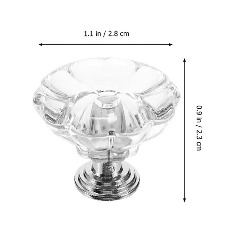 Hella Bright Acrylic Drawer Knobs 6 Pack Single Hole Cabinet Pulls Top Shelf Dresser Handles with clear design and metal base.