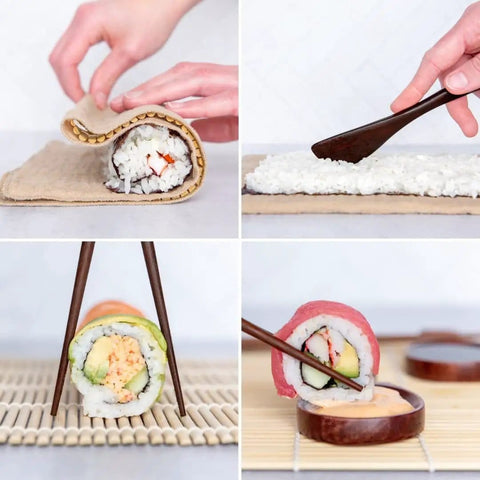 Premium Wood No Plastic Sushi Making Kit For Home Use Beginners To Pro Chefs Includes Bamboo Mats Rice Paddle Rice Spreader Tea Cloth Chopsticks And More Eco Friendly DIY Gift For Sushi Lovers showing sushi preparation and finished rolls.
