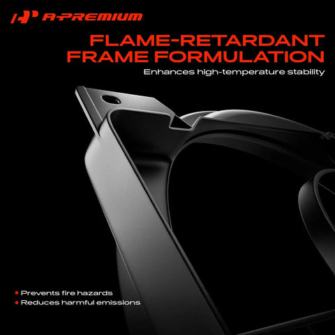 Close-up of Top Shelf Right Side Engine Radiator Cooling Fan Assembly For Audi A3 And Volkswagen Beetle with flame-retardant frame.