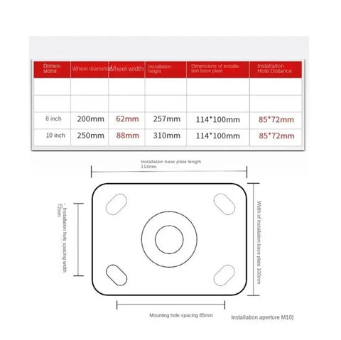 Technical specs for 8 Inch Beefy Heavy Duty Silent Pneumatic Rubber Caster Wheel for Carts, installation dimensions and distances chart.