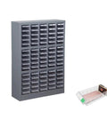 Heavy Duty Steel Parts Cabinet With Kickass Anti Slip Drawers And Adjustable Dividers For Bolt Nut Screw Storage in grey with clear drawers.