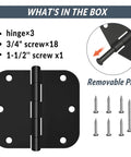 Door Hinges 3 Pack 3.5 Inch Interior Hinges With Five Eighths Radius Matte Black Steel Heavy Duty contents with screws and removable pin