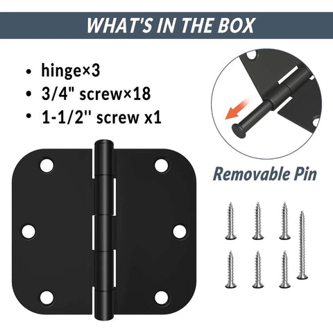 Door Hinges 3 Pack 3.5 Inch Interior Hinges With Five Eighths Radius Matte Black Steel Heavy Duty contents with screws and removable pin