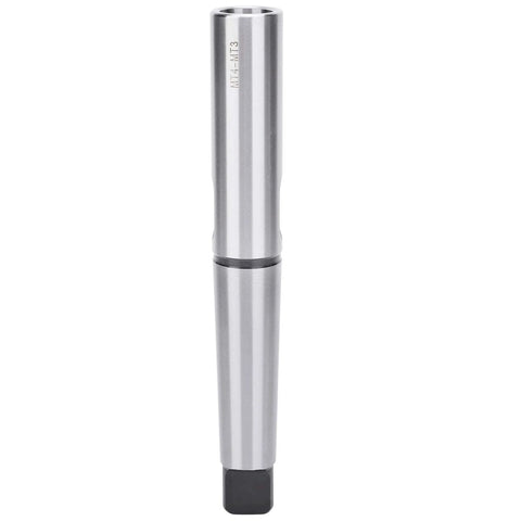 Morse taper drill sleeve adapter MT4-MT3, lengthened, high-speed steel, silver with black square end, front view