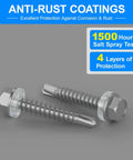 Close-up of self-drilling screws with hex washer head, highlighting rust-resistant Ruspert coating, from 300 Piece Self Tapping Screws Assortment Kit.