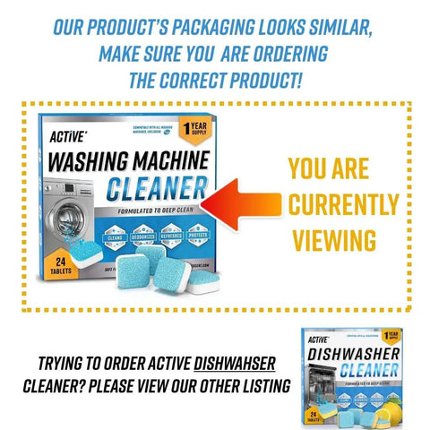 Powerful Washing Machine Cleaner And Descaler Tablets 24 Pack in blue packaging with tablets visible, designed for HE washers.