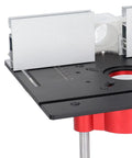 Close-up of Tough as Nails Router Table Insert Plate with Heavy Duty Lift Base support, showcasing precision and stability for woodworking.