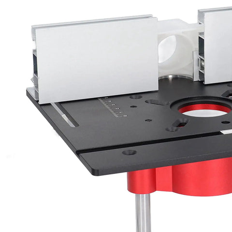 Heavy Duty Router Table Insert Plate With Slick Lift Base Kit And Built Tough Support Rod For No Hassle Woodworking Builds and Tight Chamfering Cuts Daily, top view.