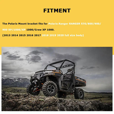 Polaris Ranger with rear roof light bar brackets for full-size 2013-2021, Pro Fit cage mounts for LED pods, in rugged terrain.