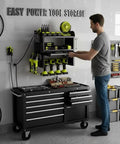Power Tool Organizer Wall Mount With Drill Rack And Locking Drawers Heavy Duty Metal Tool Shelf For Garage Or Workshop Shed And Basement Built In 4 Outlet Charging Station Killer Gift For Men And Dads mounted in garage