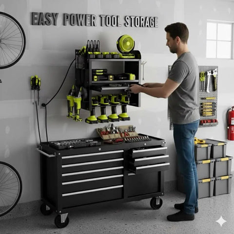 Power Tool Organizer Wall Mount With Drill Rack And Locking Drawers Heavy Duty Metal Tool Shelf For Garage Or Workshop Shed And Basement Built In 4 Outlet Charging Station Killer Gift For Men And Dads mounted in garage