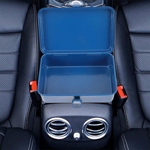 Open Two Pack Metal Tool Box Storage Case Organizer With Secure Latch Portable Lockable Toolbox Set in car interior, showing size and design