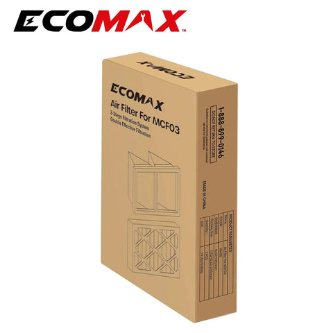 Bang For Your Buck Dual Replacement Filters Set For Ecomax MCF03 Air Filtration Systems packaged box showcasing double stage filtration.
