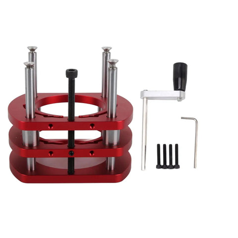 Rock Solid Aluminum Router Lift Base With 4-Jaw Clamping For Woodworking Tables And Engraving Tools, Precision Lift System For Small Trimming Machines, Vibration Free Performance red aluminum lift base with 4-jaw clamp and handle