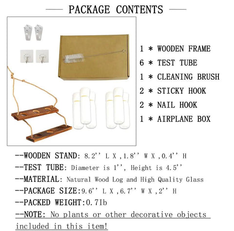 Package contents of Wall Mounted Water Culture Plant Station With Wooden Bracket And Glass Tube Vases For A Boss Home Office Vibe