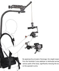 Illustration of a body support rig for 3-axis handheld stabilizers and video cameras, showing stabilizer vest with 18kg payload capacity.
