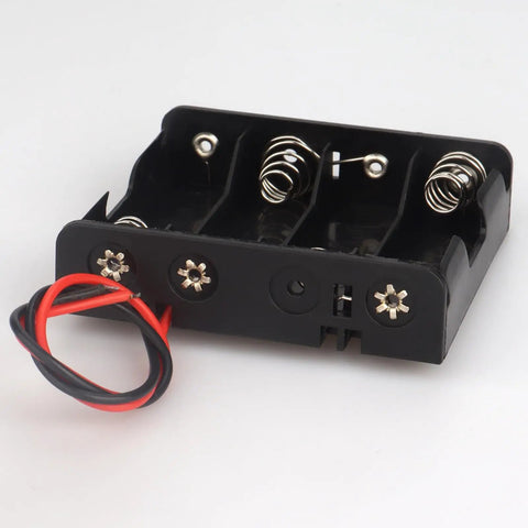 No Sweat 2 Pack 4 Slot AA Battery Holder With Tipped Leads, black plastic, four slots for AA batteries, wiring for electronics.