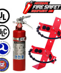 2 Pack 2.5 LB ABC Fire Extinguisher With Heavy Duty Bracket And Visibility Sign For Cars Trucks Boats And Shops, showing mounts and safety logos.