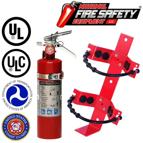 2 Pack 2.5 LB ABC Fire Extinguisher With Heavy Duty Bracket And Visibility Sign For Cars Trucks Boats And Shops, showing mounts and safety logos.