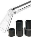 Must Have All In One Universal Shop Vac Adapter Kit Fits Most One To Twenty Gallon Vacs With One And One Quarter Inch One And Seven Eighths Inch And Two And One Half Inch Port Adapters For Wet Extraction Upholstery And Carpet Cleaning Auto Detailing, showing clear nozzle and three black hose adapters.