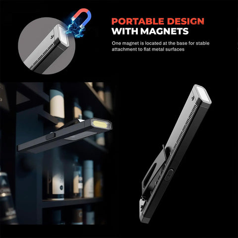 Pocket EDC Flashlight With USB C Rechargeable Power, Multi Mode, Flat Non Rolling Design with magnetic base attaching to shelf