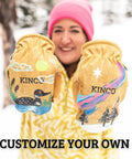 Women's Gold Suede Pigskin Work And Snowboarding Mitts Featuring Reinforced Palm And Thumb Patch Durable Leather Stays Soft When Wet For Sick Grip And Top Drawer Performance, custom designs shown.