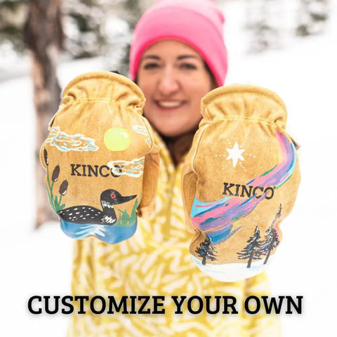 Women's Gold Suede Pigskin Work And Snowboarding Mitts Featuring Reinforced Palm And Thumb Patch Durable Leather Stays Soft When Wet For Sick Grip And Top Drawer Performance, custom designs shown.