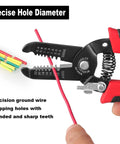 10-22 AWG Wire Stripper Cutter For Home And Pro Use with non-slip handle and precision hole diameter stripping red wire.
