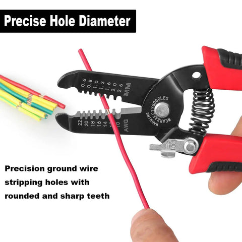 10-22 AWG Wire Stripper Cutter For Home And Pro Use with non-slip handle and precision hole diameter stripping red wire.