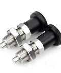 Grip Tight Two Piece M20 Thread Stainless Steel Ball Nose Spring Plunger Pair With Quick Twist Knob and Bully Proof Retracting Pin for Fast Industrial Clamping Setup.