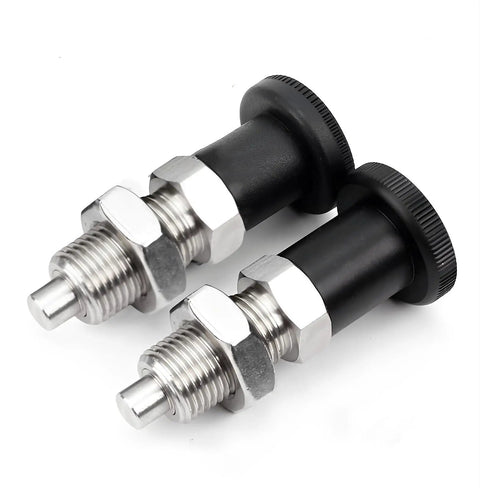 Grip Tight Two Piece M20 Thread Stainless Steel Ball Nose Spring Plunger Pair With Quick Twist Knob and Bully Proof Retracting Pin for Fast Industrial Clamping Setup.