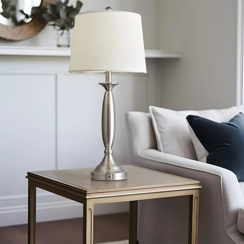 Three Way Dimmable Touch USB Table Lamp with silver finish and linen shade on a nightstand in living room