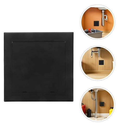 Slick Black Plastic Wall Access Panel Swings Open For Easy Inspections, shown in various installation settings for plumbing.